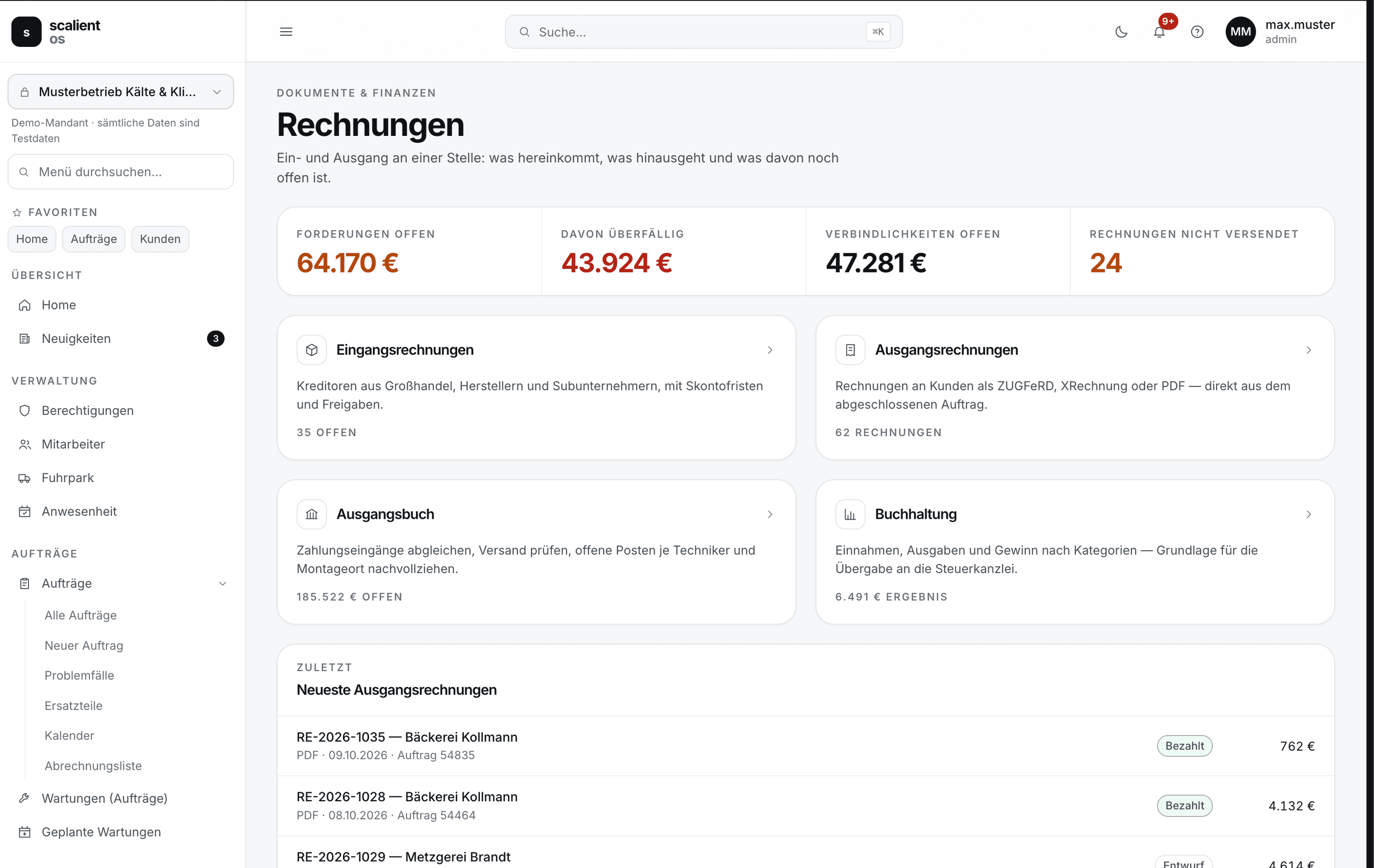 Rechnungsübersicht mit offenen Forderungen und Verbindlichkeiten, Einstieg in Eingangs- und Ausgangsrechnungen, Ausgangsbuch und Buchhaltung