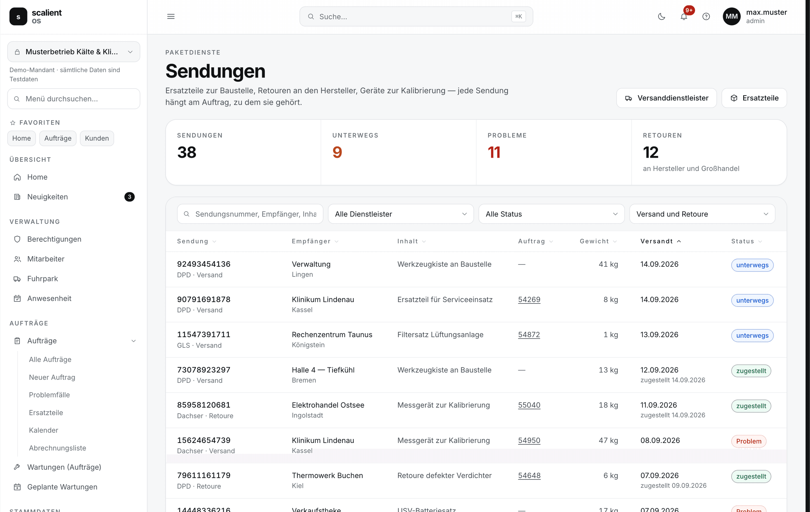 Sendungsliste mit Sendungsnummer, Empfänger, Inhalt, zugehörigem Auftrag, Gewicht und Zustellstatus